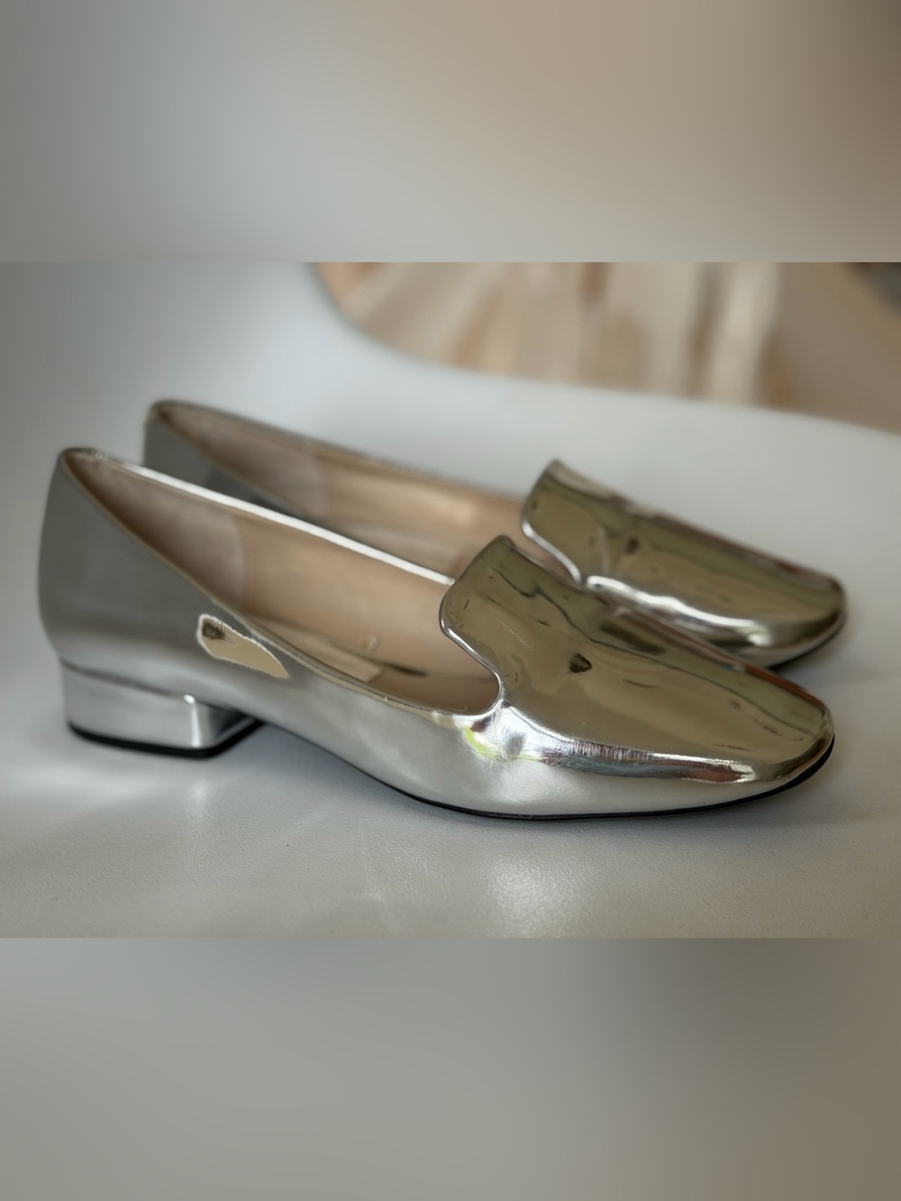 Zara Women Size 8 / 38 Metallic Silver Loafers Shiny Slip On Flats Mirrored